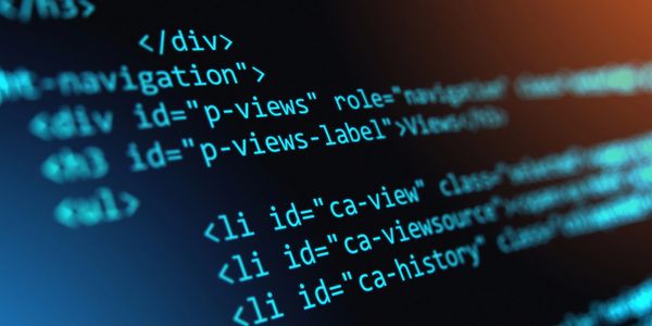 computer html code pale blue on black screen