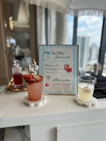 Baby shower, Mobile bar. Custom Drink menu, the mama-rita and little lychee cocktail.
