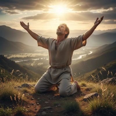 Man kneeling on a mountain with arms raised towards the sun.