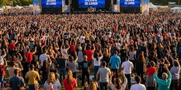 Large crowd raising hands at a religious event with 'Jesus is Lord' on stage screens.
