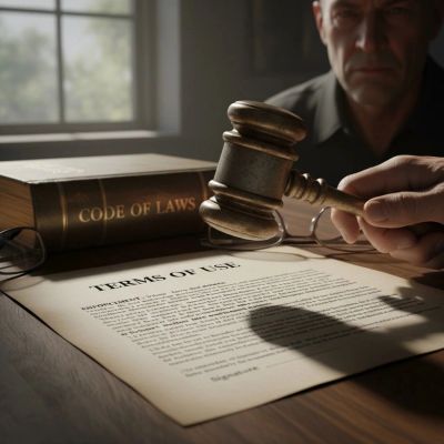 A gavel, a code of laws book, and a terms of use document on a table with a serious man in the background.