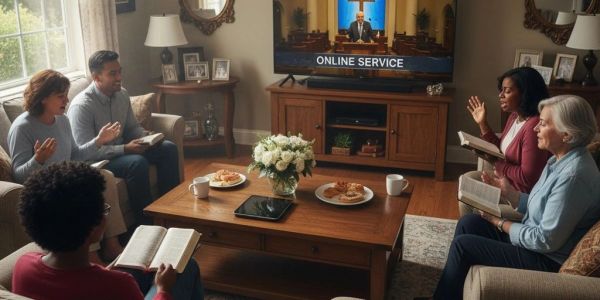 A group of people participating in an online church service at home.