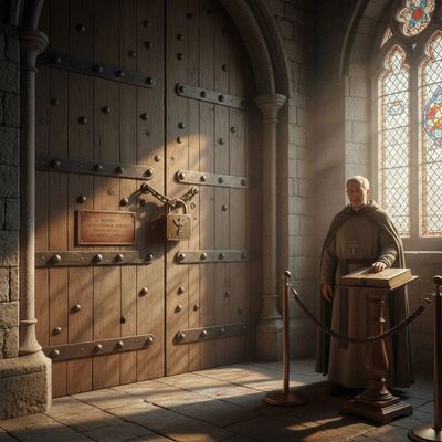 A monk stands by a large wooden door in a sunlit stone chamber.
