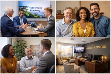 Financial advisors discussing retirement planning with clients in a professional office setting.
