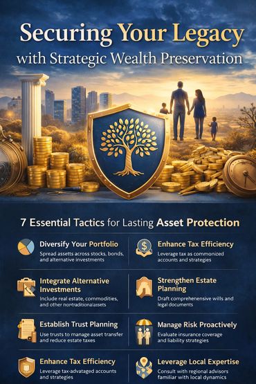 Infographic on strategic wealth preservation for securing legacy with seven key asset protection tactics.
