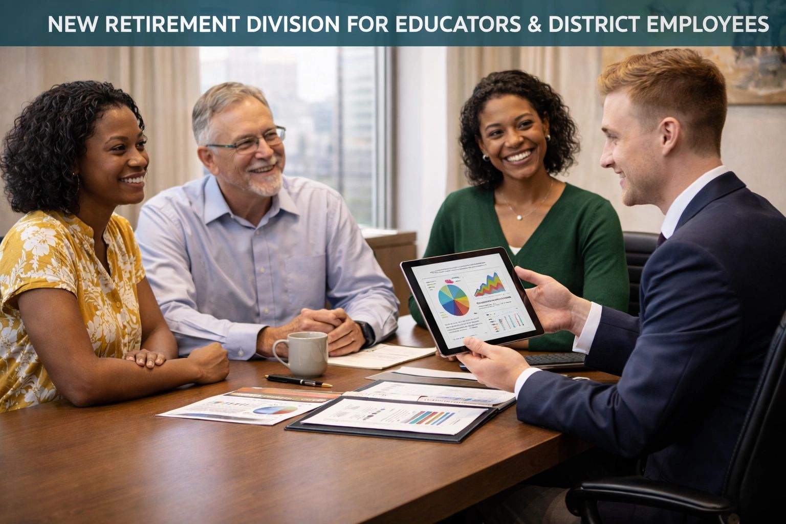 A group discussing a new retirement division for educators and district employees.