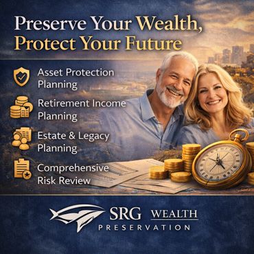 Financial planning services with a smiling elderly couple and wealth icons.