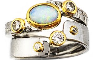 Time Traveler bypass ring with opal and diamonds. Handmade custom unique wedding band. Alternative