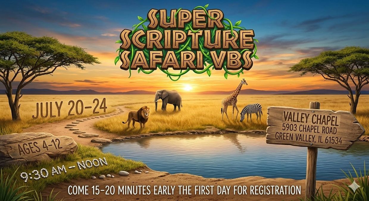Super Scripture Safari VBS event details with animals and sunset.