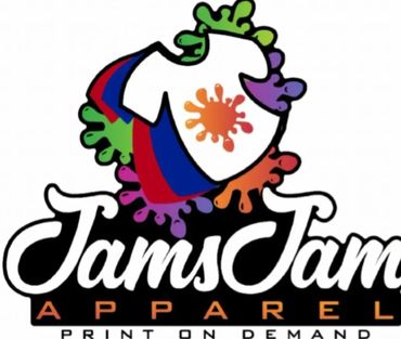 Colorful logo featuring a shirt with paint splashes and the text 'Jams Jam Apparel'.