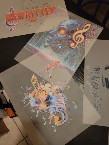 Colorful music-themed art prints with notes and a robotic head design.