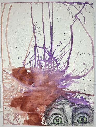 Surprised eyes peeking with purple and brown paint splatters.