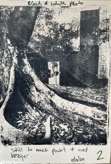 Black and white photo of a large tree trunk and a gate in the background.