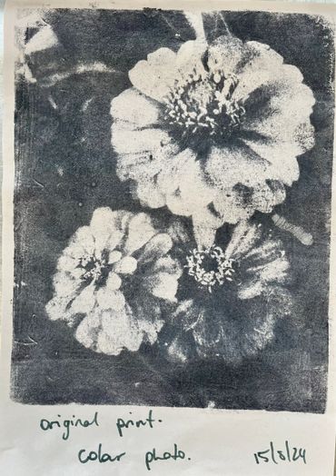 Black and white print of three flowers with handwritten notes below.