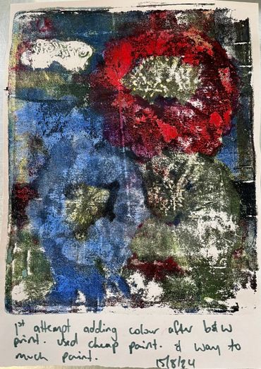 Abstract print with red, blue, and green colors and handwritten notes below.