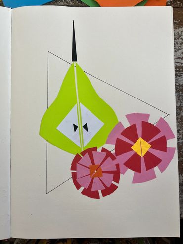 Colorful abstract paper collage with geometric shapes and flowers.