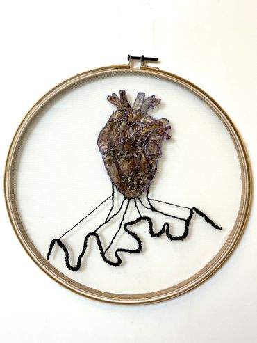 Embroidery hoop art featuring a heart with botanical elements inside.