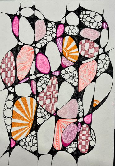 Abstract art with colorful geometric and organic shapes in black web-like structure.