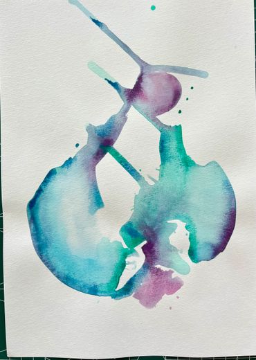 Abstract watercolor painting with teal, blue, and purple hues on white paper.