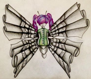 A surreal butterfly with a human torso and purple hair as wings.