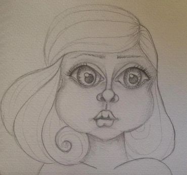 Pencil sketch of a girl with large eyes and wavy hair.