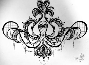Intricate black and white abstract ink drawing with hearts and geometric patterns.