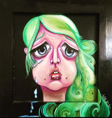 Surreal painting of a sad woman with green hair and large teary eyes.