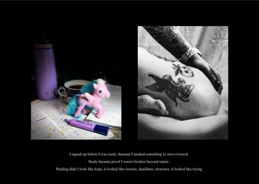 A pink pony toy on study materials alongside a black-and-white tattooed arm and leg image.