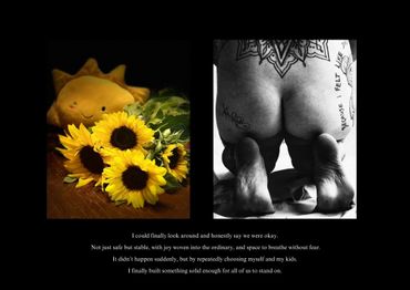A bright bouquet of sunflowers and a black-and-white photo of tattooed feet and legs with a reflective quote.
