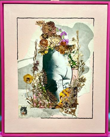 Artistic collage featuring dried flowers and tattooed body imagery on pastel background.