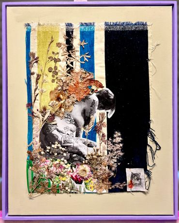 Mixed media art featuring a tattooed figure surrounded by dried flowers and colorful fabric strips.