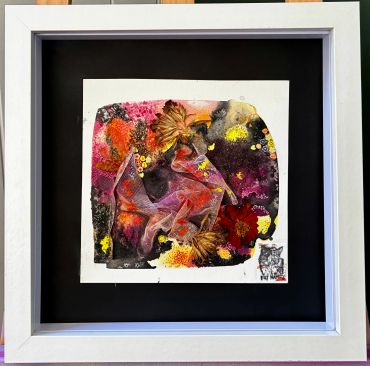 Framed mixed media art with vibrant colors and textures.