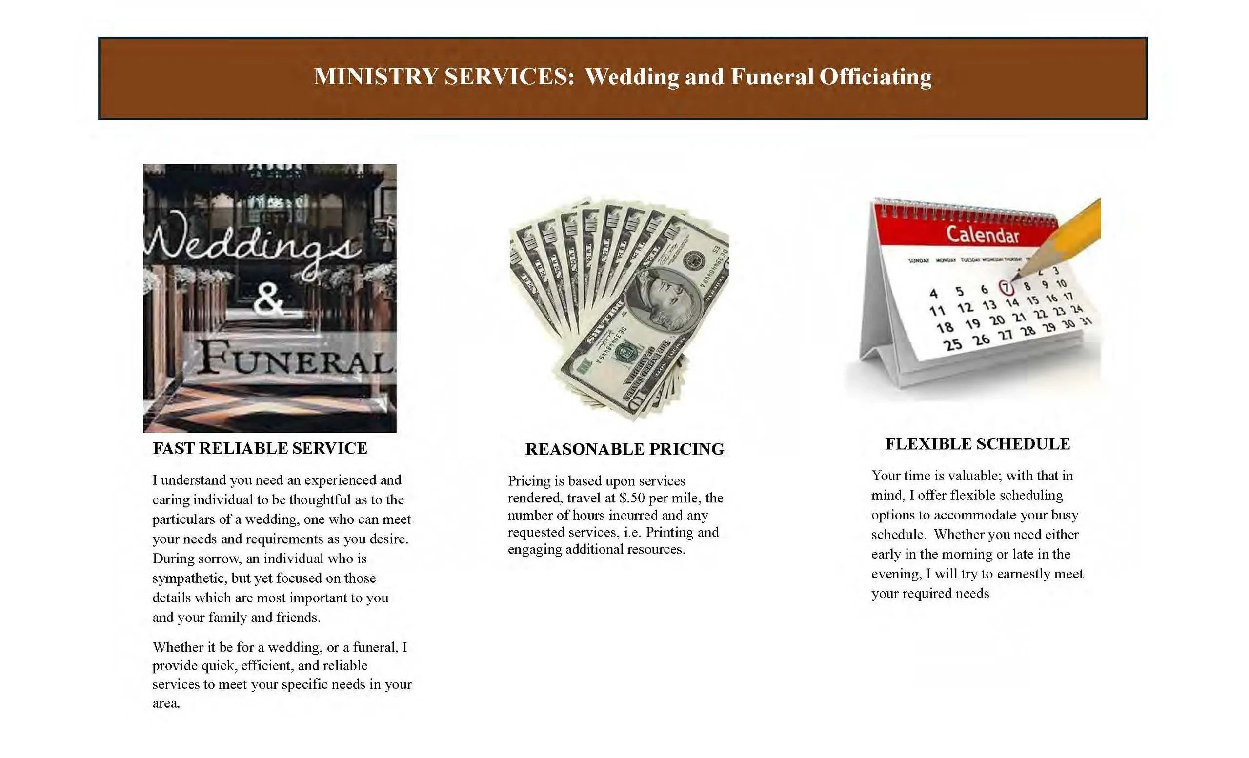Wedding and Funeral Officiant services with pricing and scheduling that meets your availability