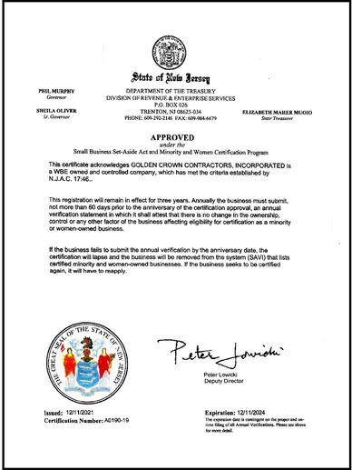 Golden Crown is a certified Women Business Enterprise (WBE) as a women-owned and controlled company.