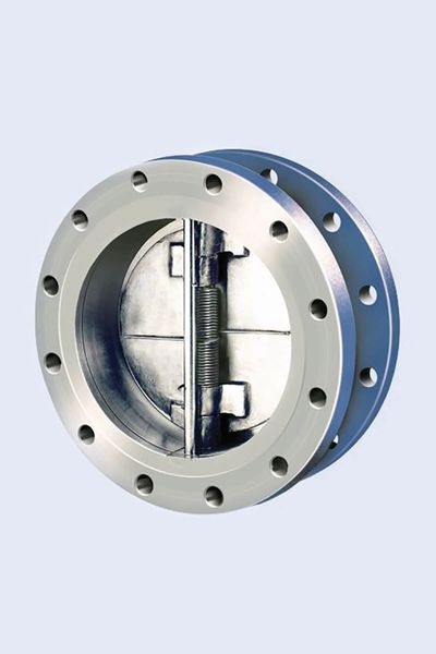 Metal industrial valve with circular flanges and internal spring mechanism.