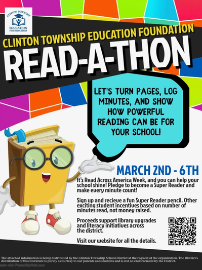 Colorful flyer for Clinton Township Education Foundation Read-A-Thon event.