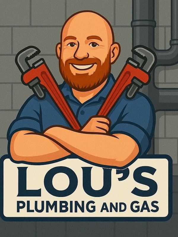 Cartoon plumber with wrenches and business name Lou's Plumbing and Gas.