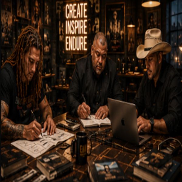 Three men focused on their work in a creative space with 'CREATE INSPIRE ENDURE' sign.