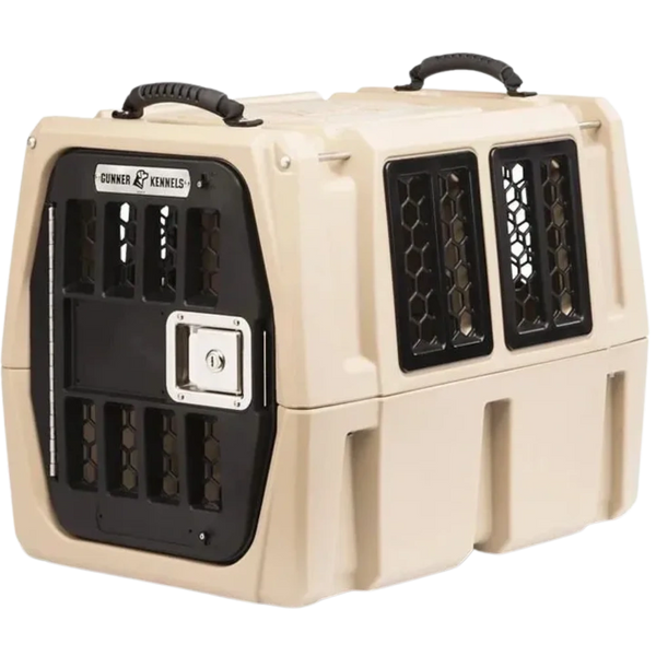 Tan colored Gunner Kennel with hexagon metal grills behind windows and door