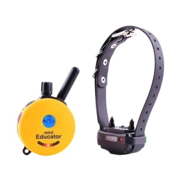 E-Collar Technologies yellow Mini Educator remote collar next to a black e-collar with two stints