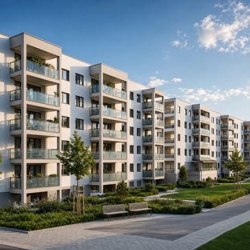 Modern apartment complex with balconies and greenery under a blue sky.
