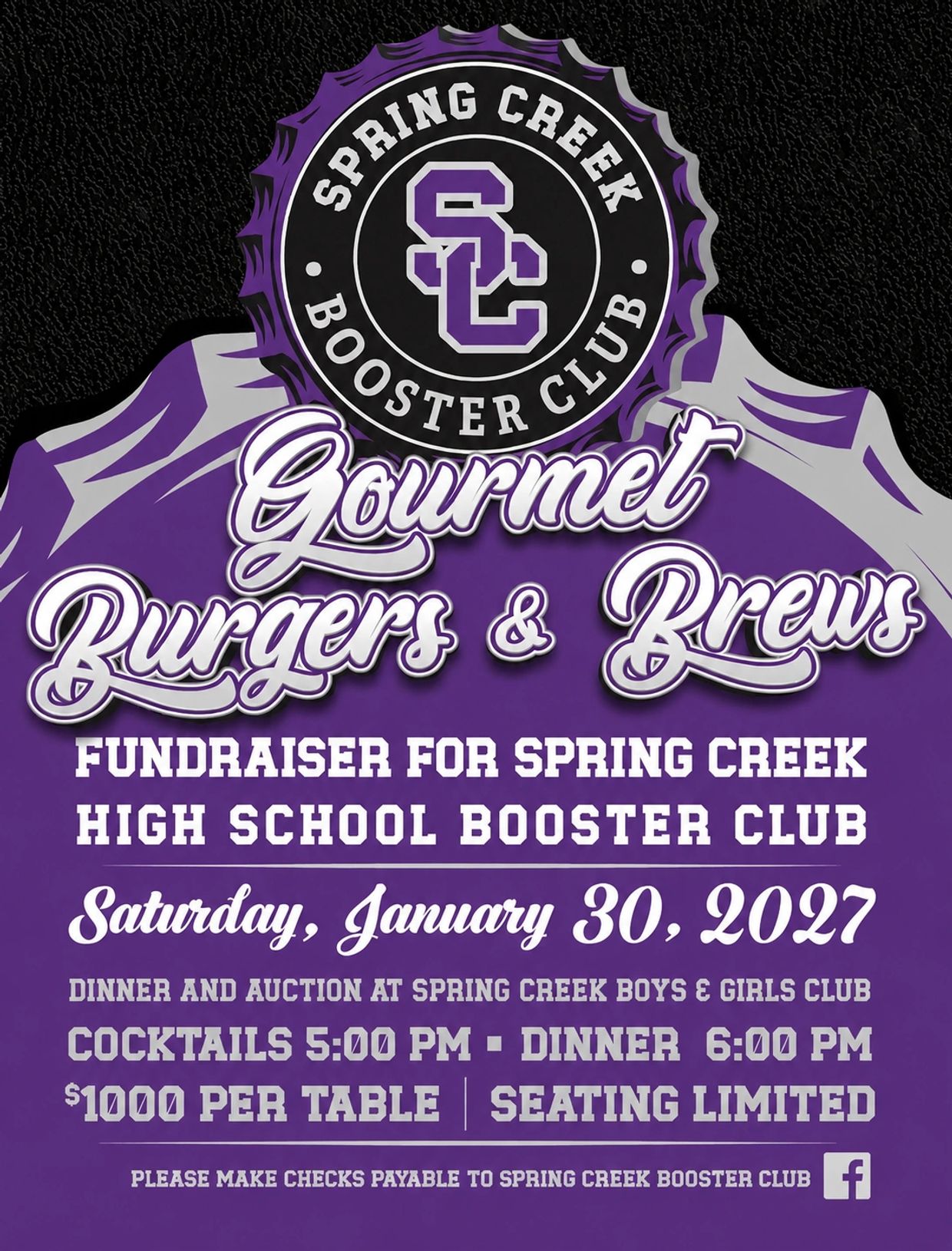 Spring Creek Booster Club fundraiser with gourmet burgers and brews on January 30, 2027.