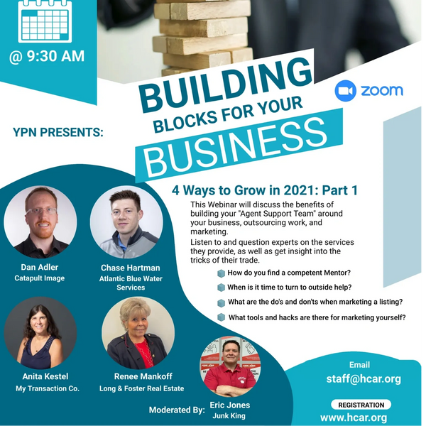 Flyer for HCAR panel webinar on Building Blocks for Your Business. Anita Kestel was a panel member.
