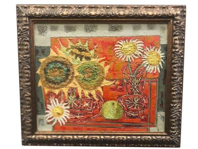 Mid Century Modern Oil On Canvas of Sunflowers and Daisies