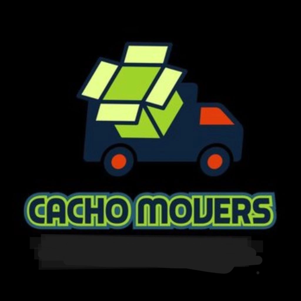 Logo of Cacho Movers with a truck carrying boxes.