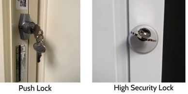 Accordion shutters are offered with push key locks or high security mortise locks.