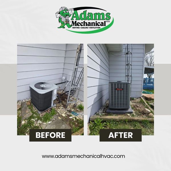 Before and after images of an HVAC unit replacement outside a house.