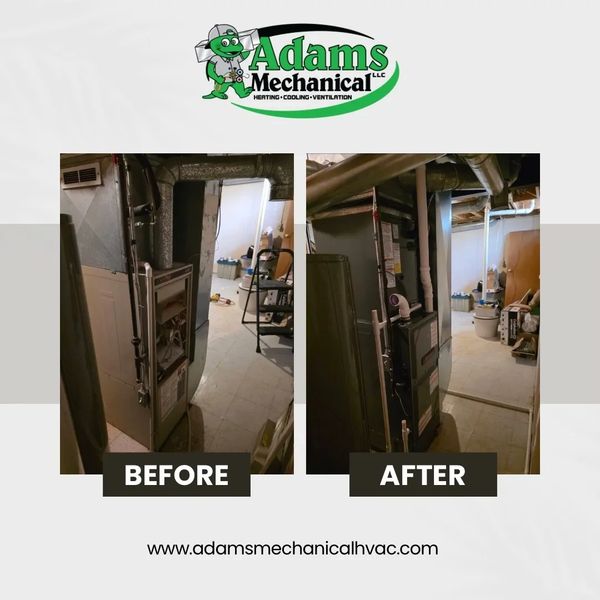 Before and after HVAC system upgrade by Adams Mechanical in a basement.