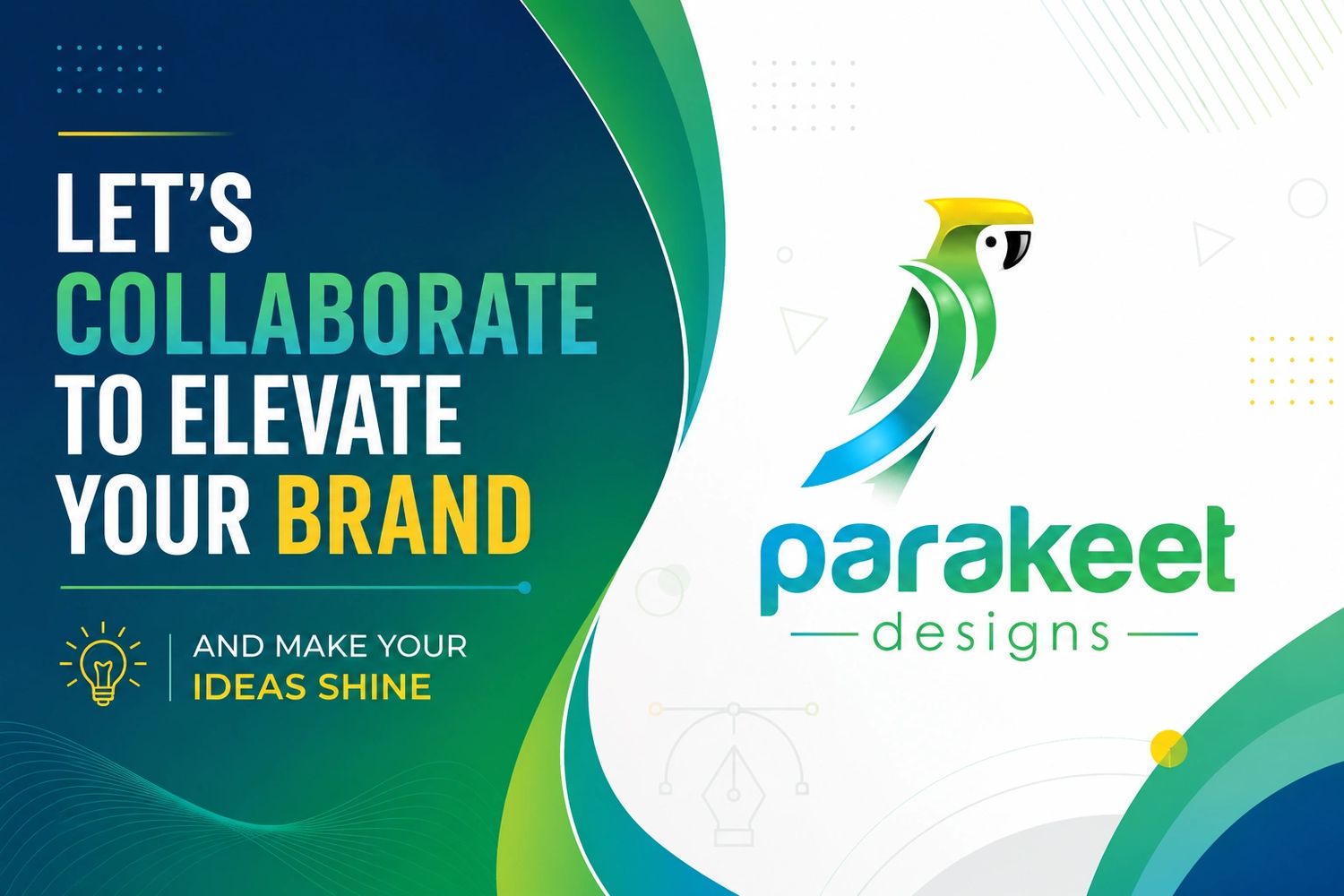 Colorful design promoting brand collaboration with a parakeet logo for Parakeet Designs.