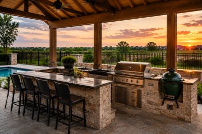 Outdoor kitchen with bar stools and grill under a wooden pergola at sunset.